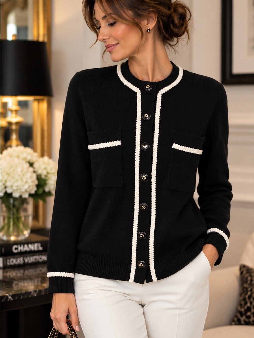 St. John Collection Black Ivory Braided Trim Logo Button Cardigan L